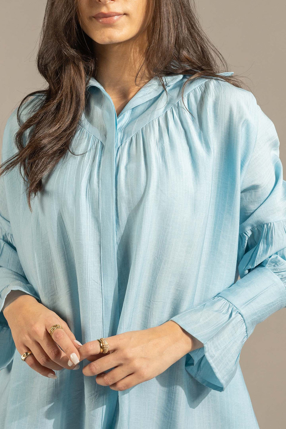 Blue Pleated Relaxed Fit Shirt