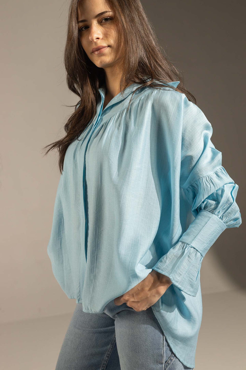 Blue Pleated Relaxed Fit Shirt