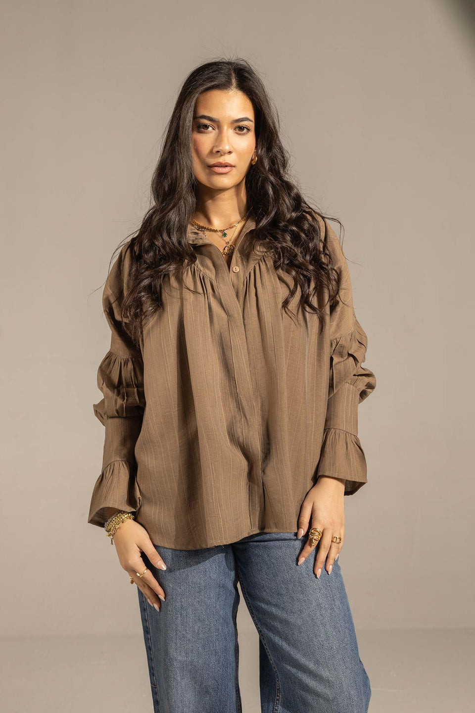 Brown Pleated Relaxed Fit Shirt