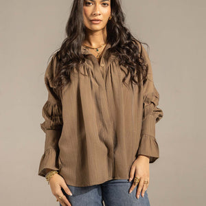 Brown Pleated Relaxed Fit Shirt