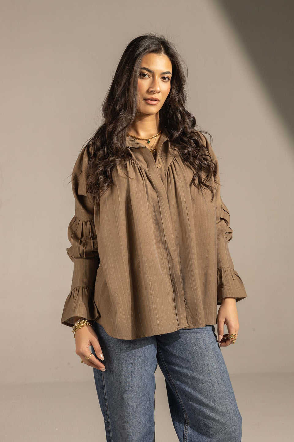 Brown Pleated Relaxed Fit Shirt