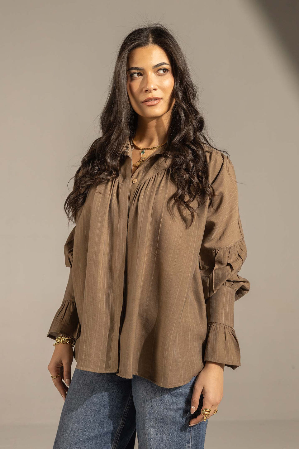 Brown Pleated Relaxed Fit Shirt