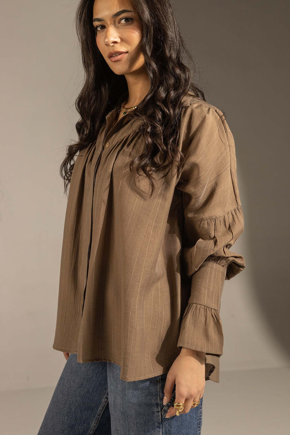 Brown Pleated Relaxed Fit Shirt