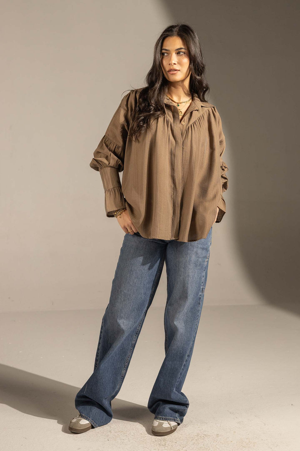 Brown Pleated Relaxed Fit Shirt