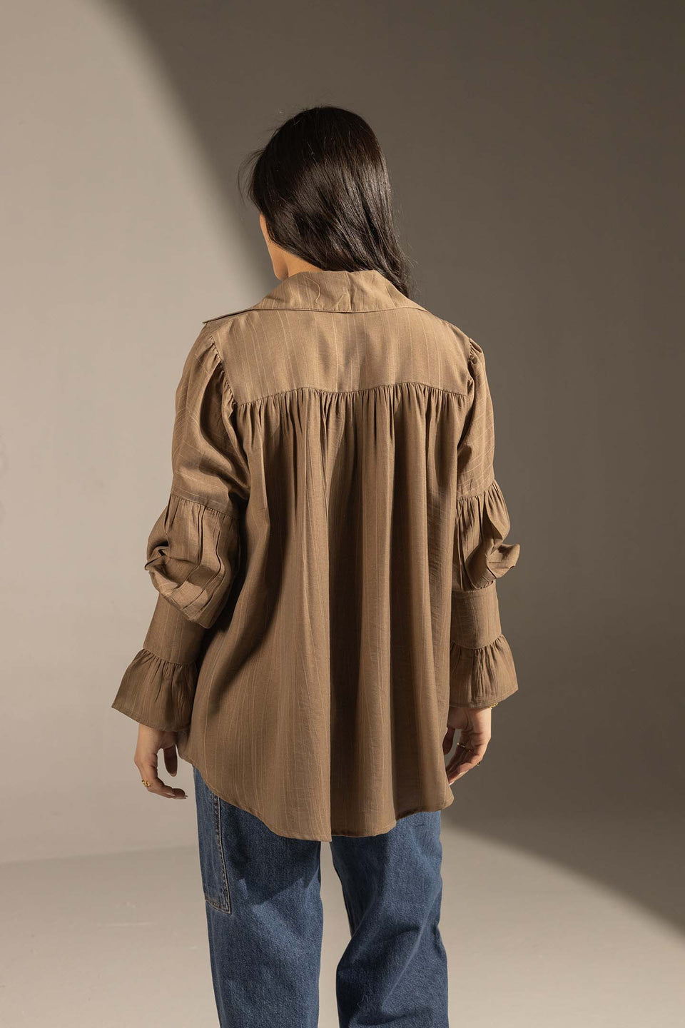 Brown Pleated Relaxed Fit Shirt