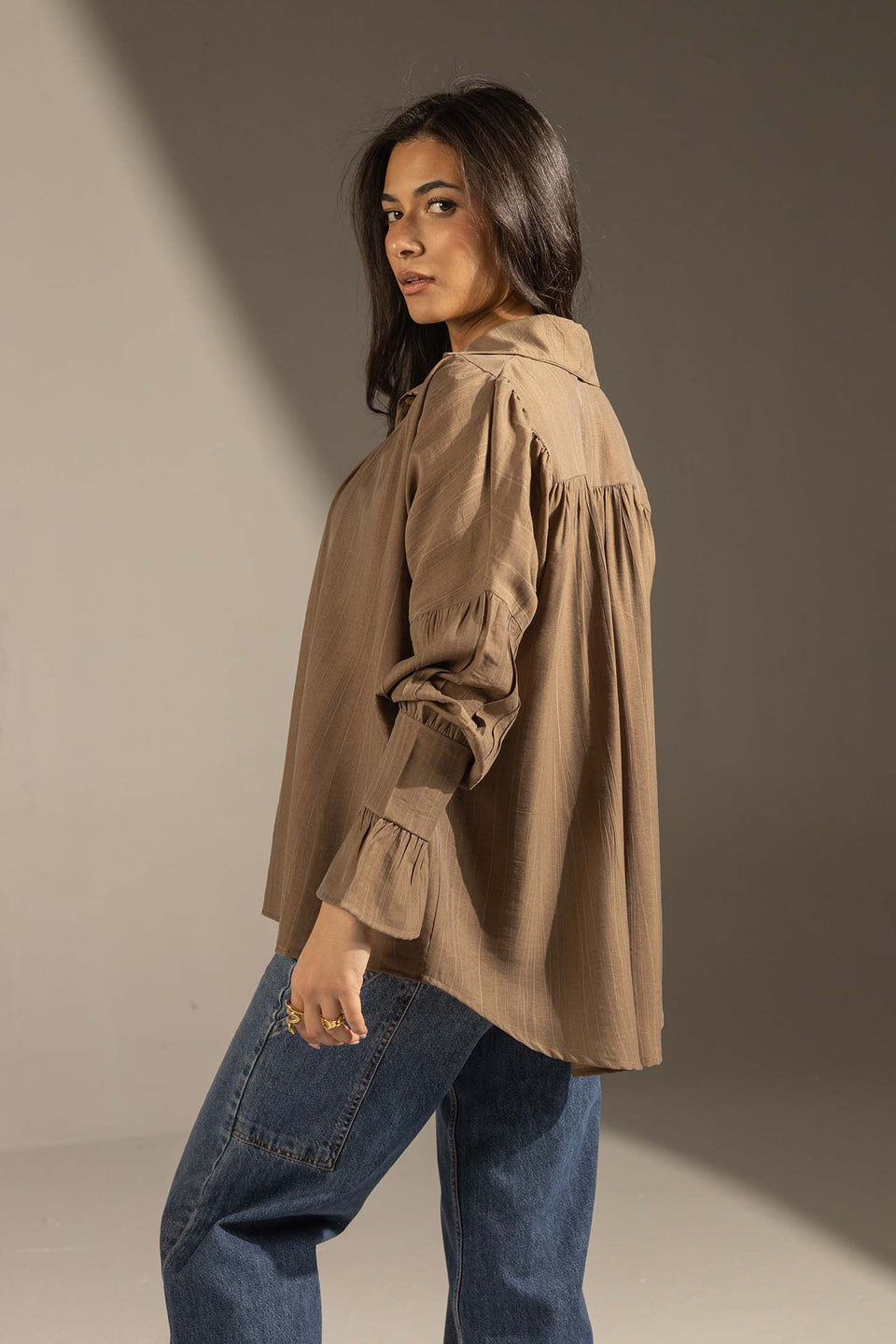 Brown Pleated Relaxed Fit Shirt