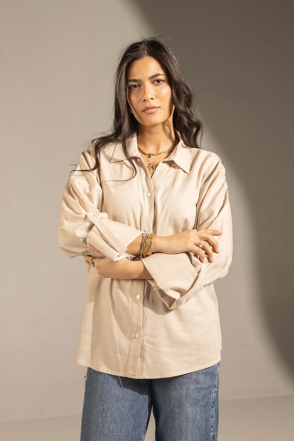 Beige Flared Sleeve Oversized Linen Shirt