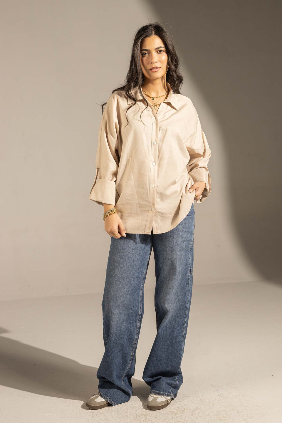 Beige Flared Sleeve Oversized Linen Shirt
