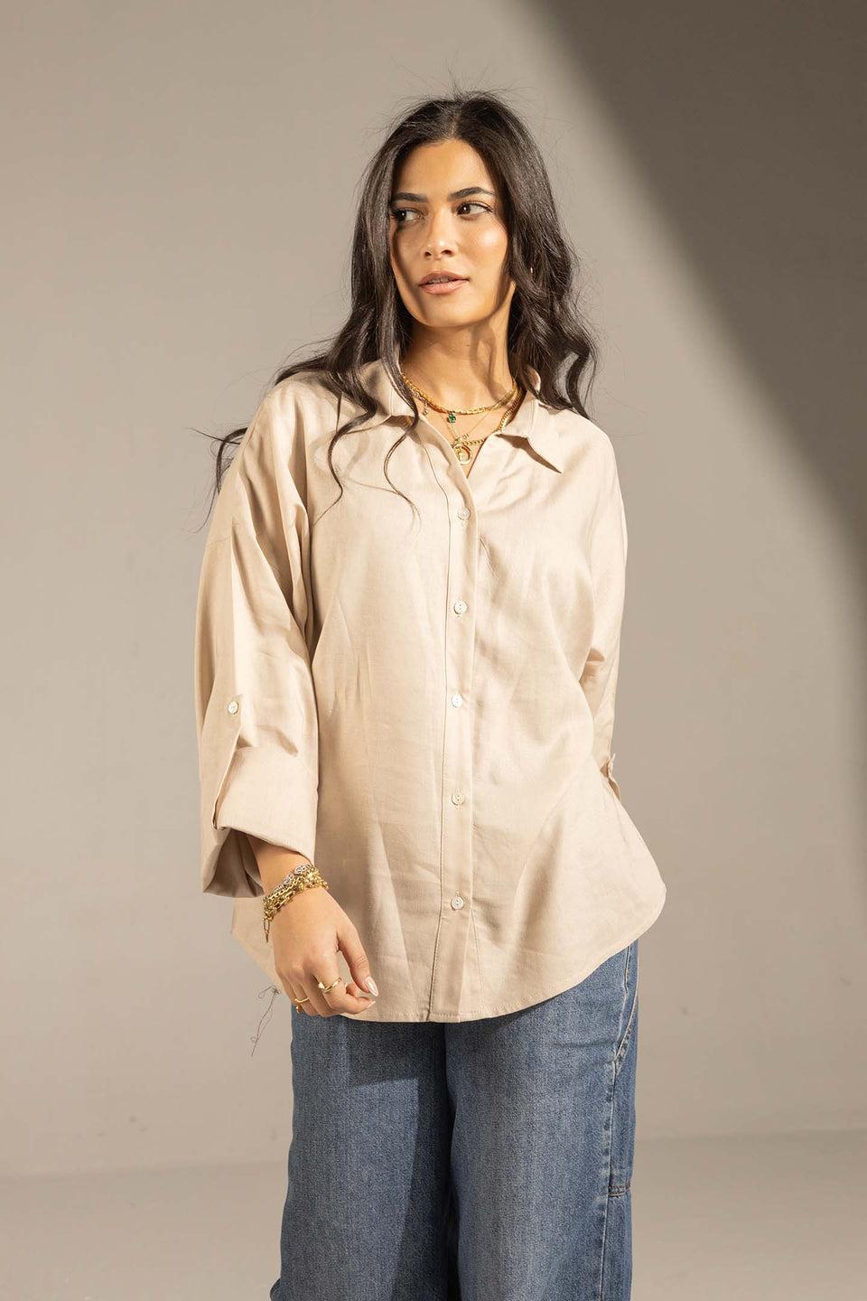 Beige Flared Sleeve Oversized Linen Shirt