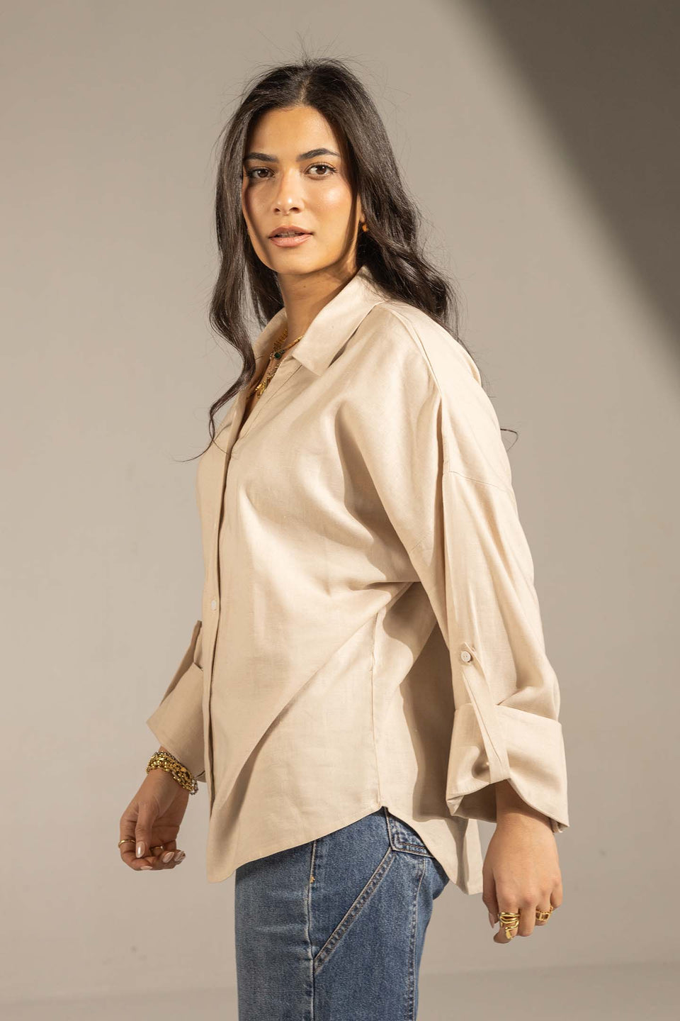 Beige Flared Sleeve Oversized Linen Shirt
