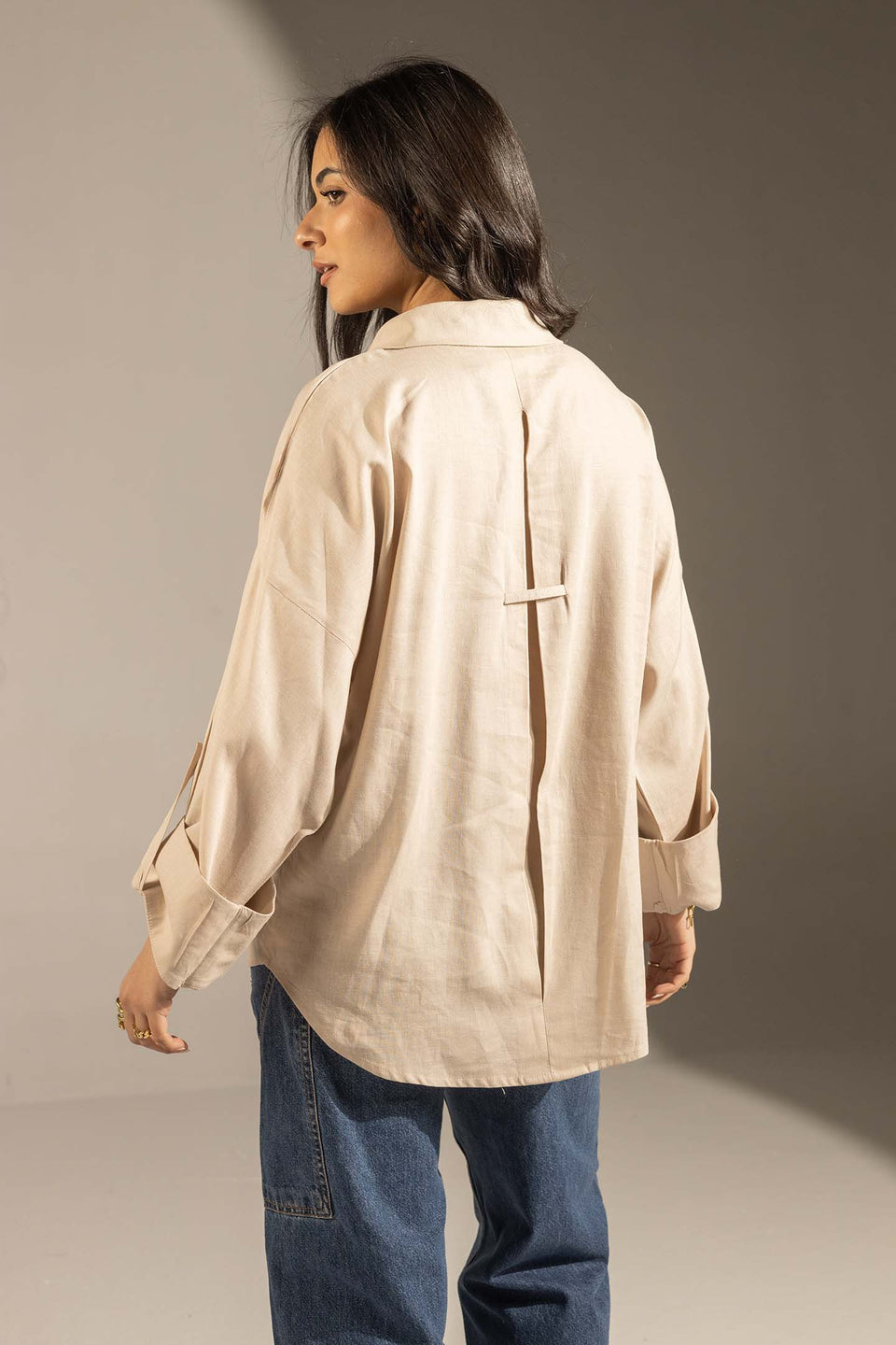Beige Flared Sleeve Oversized Linen Shirt