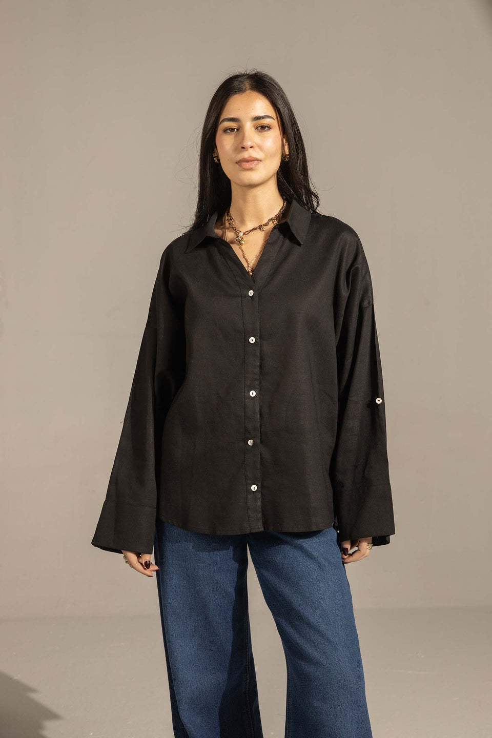 Black Flared Sleeve Oversized Linen Shirt