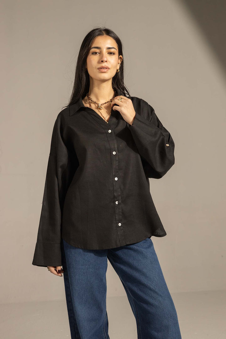 Black Flared Sleeve Oversized Linen Shirt