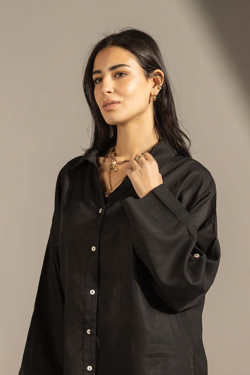 Black Flared Sleeve Oversized Linen Shirt