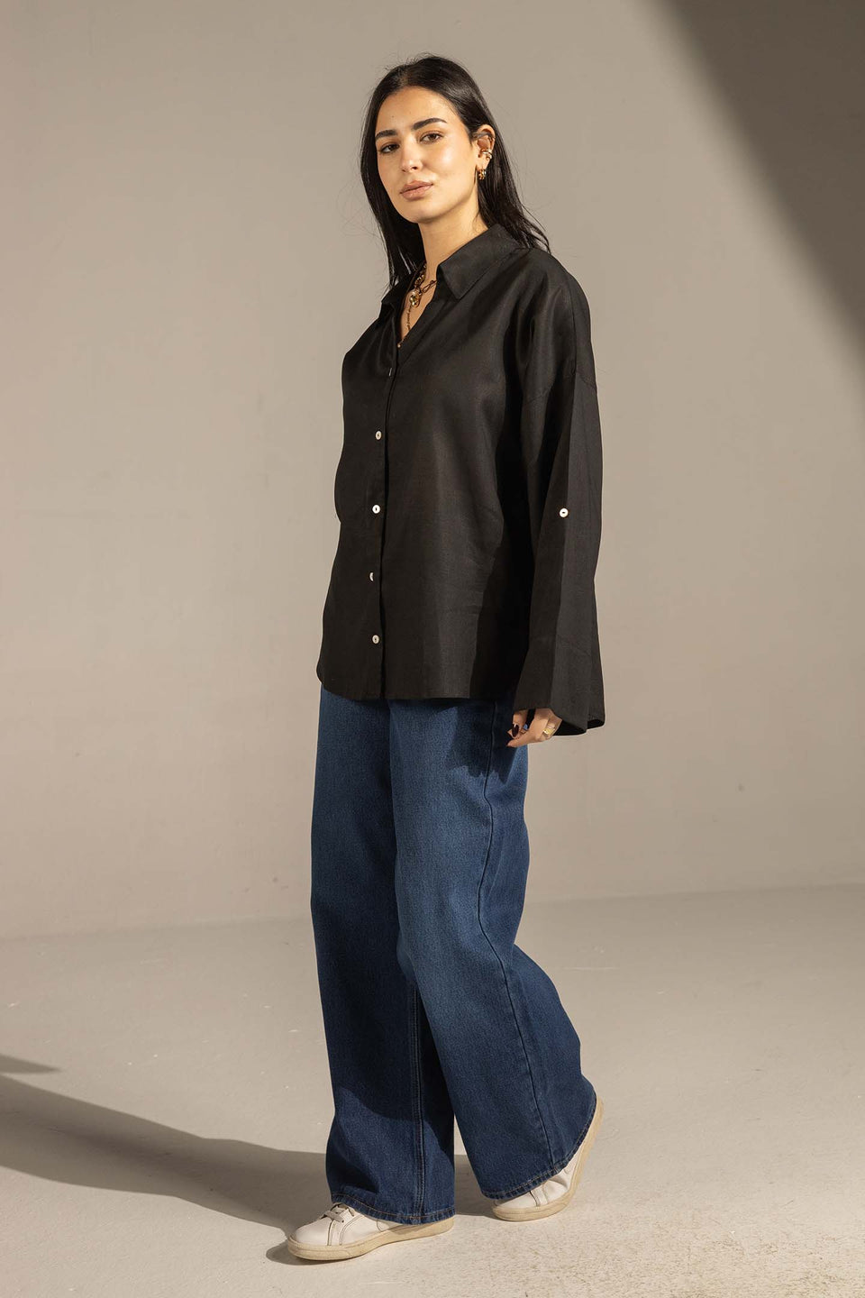 Black Flared Sleeve Oversized Linen Shirt