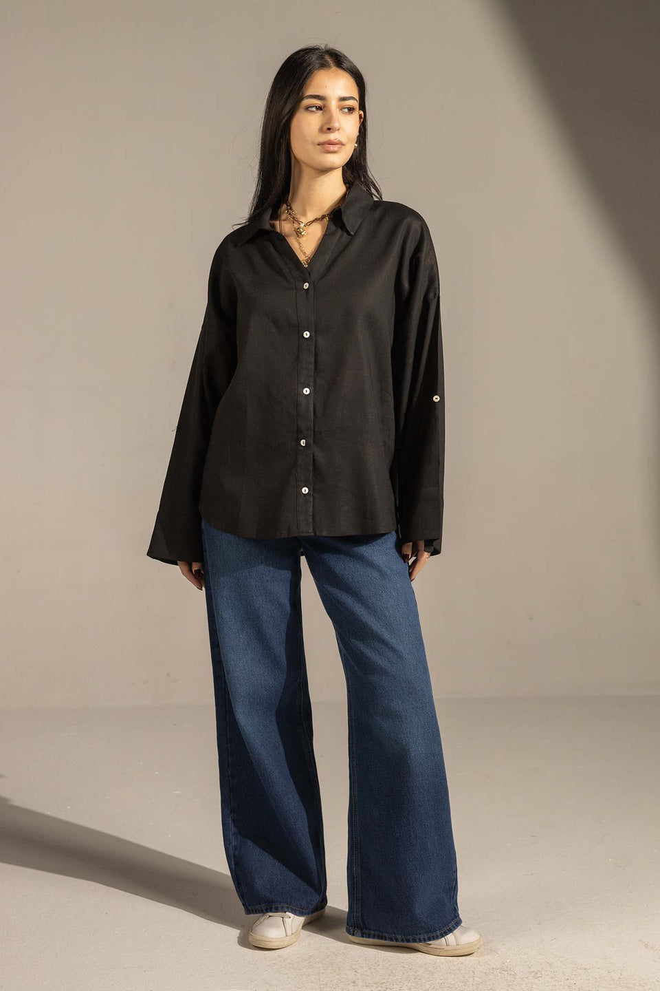 Black Flared Sleeve Oversized Linen Shirt