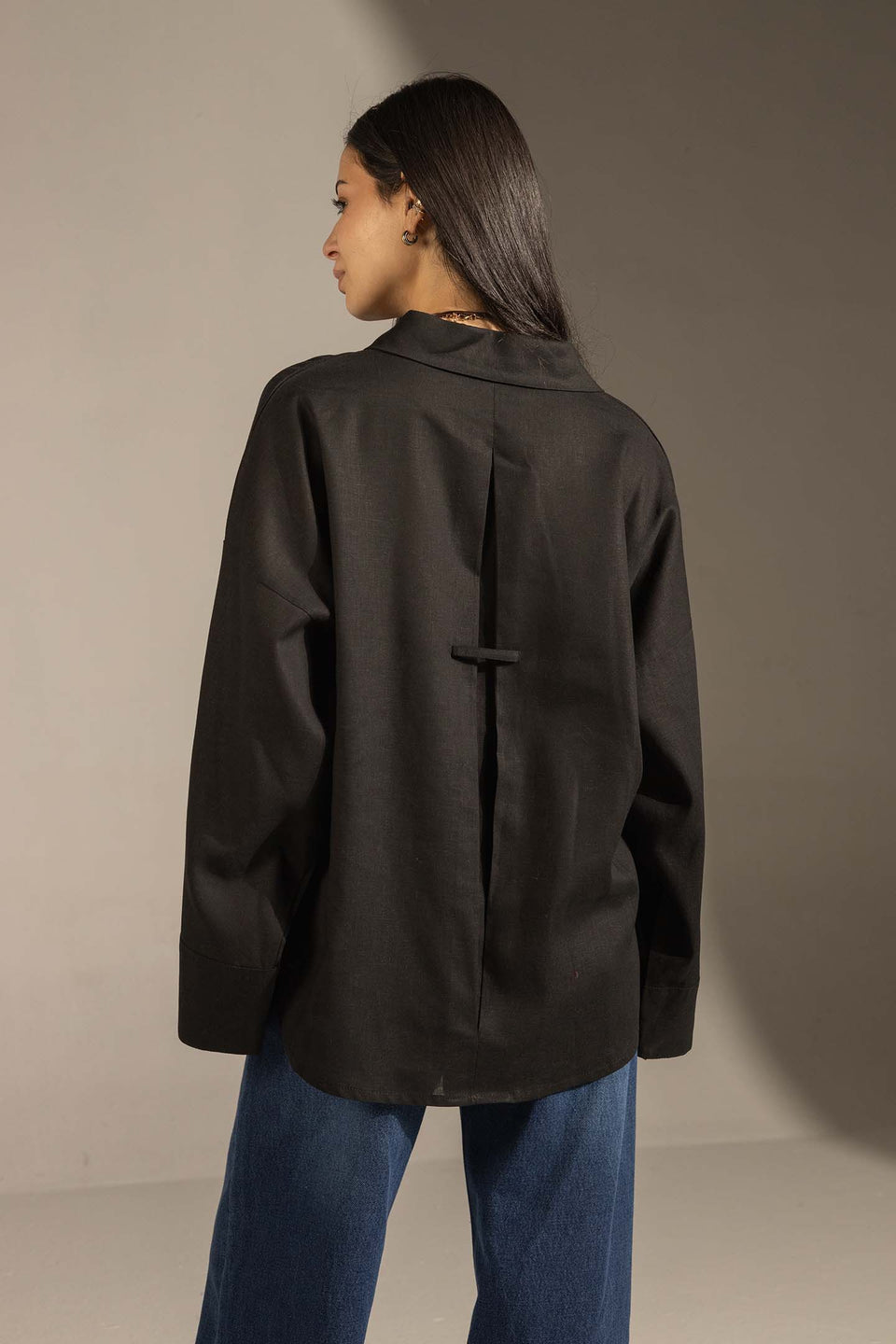 Black Flared Sleeve Oversized Linen Shirt