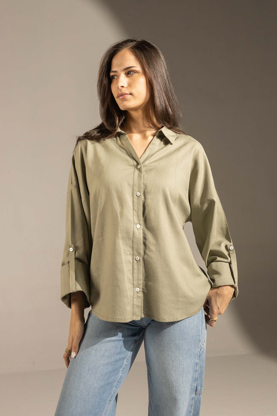 Olive Flared Sleeve Oversized Linen Shirt