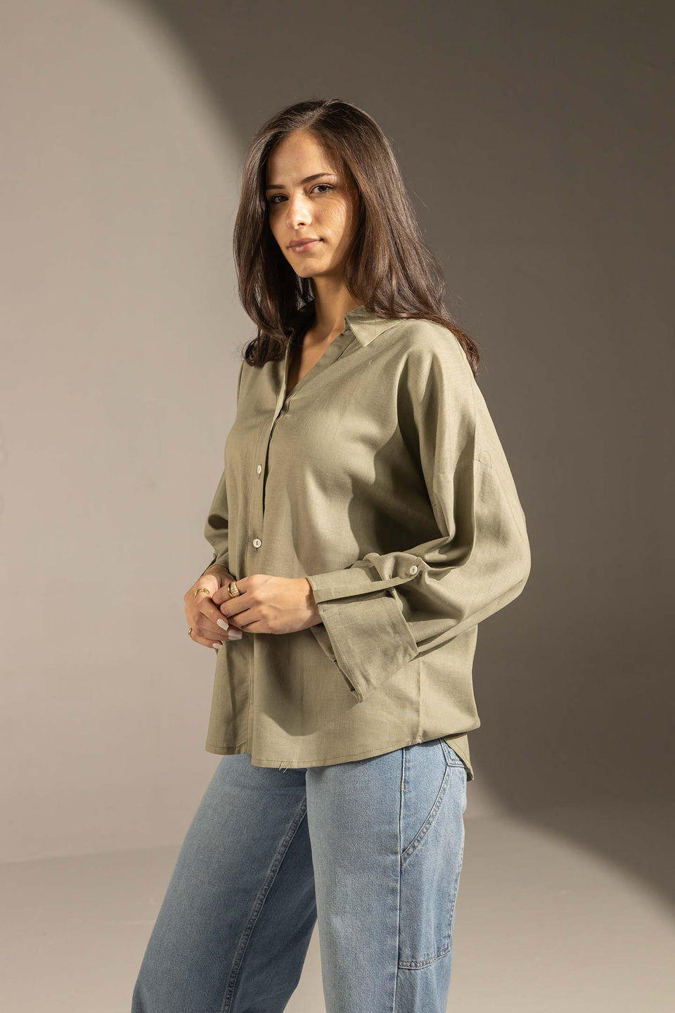Olive Flared Sleeve Oversized Linen Shirt