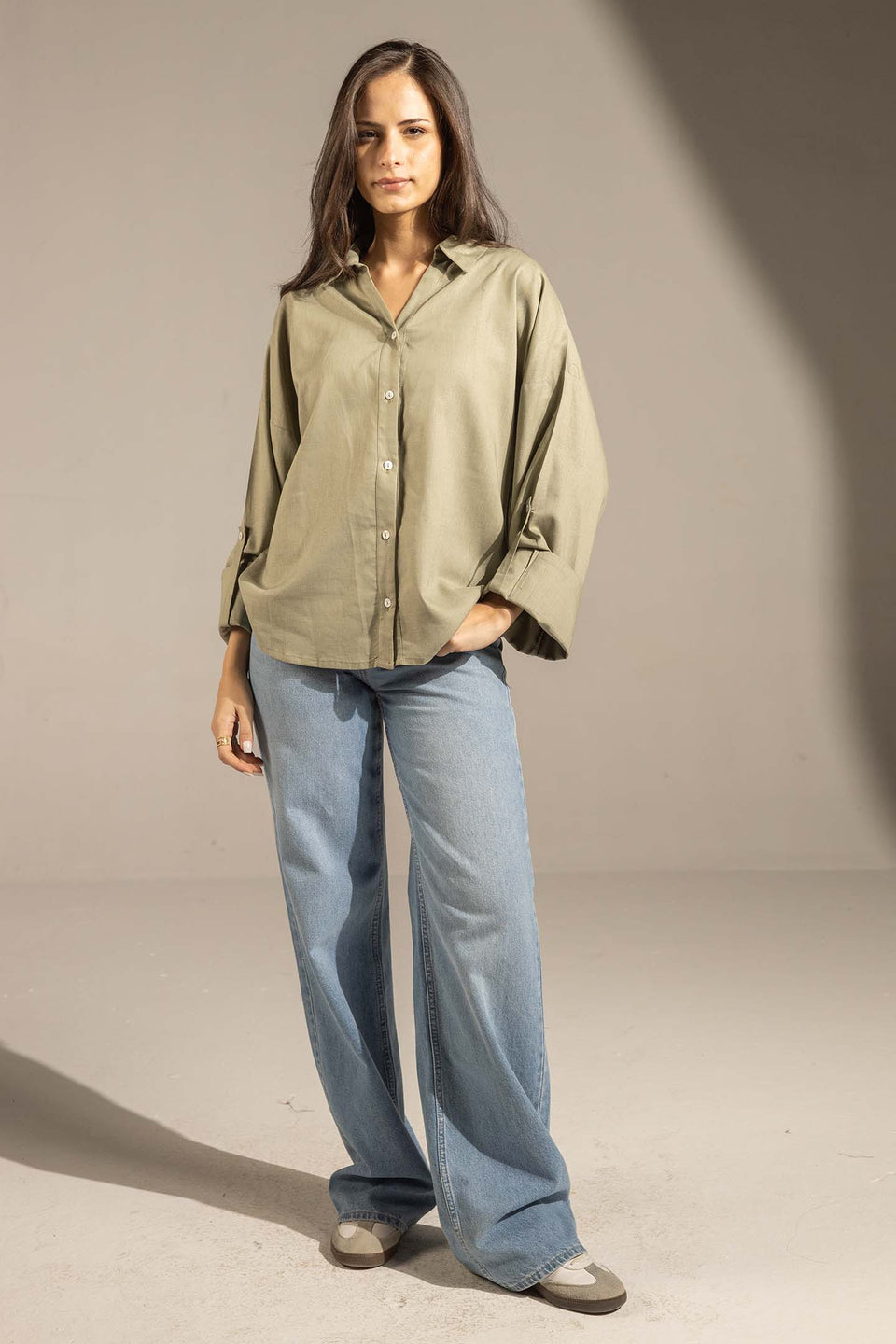Olive Flared Sleeve Oversized Linen Shirt