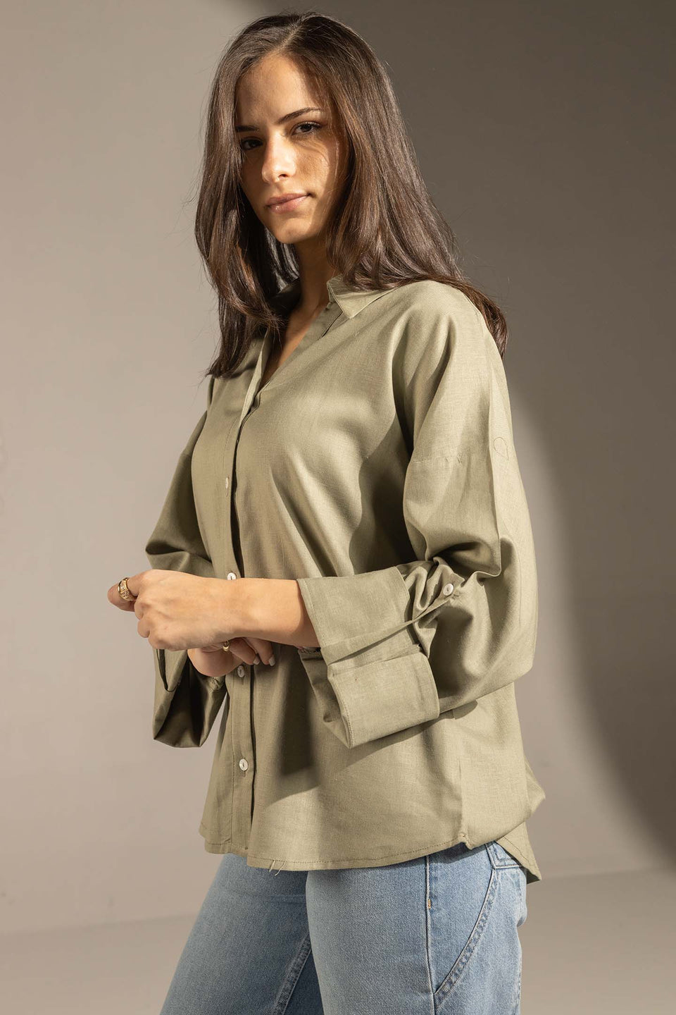 Olive Flared Sleeve Oversized Linen Shirt