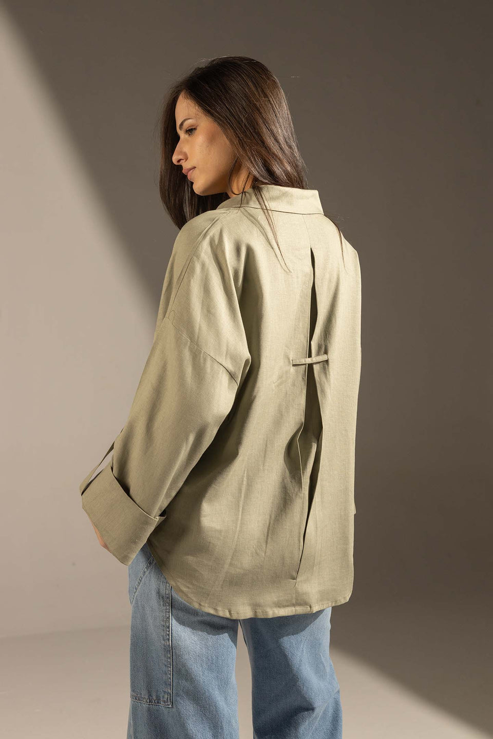 Olive Flared Sleeve Oversized Linen Shirt