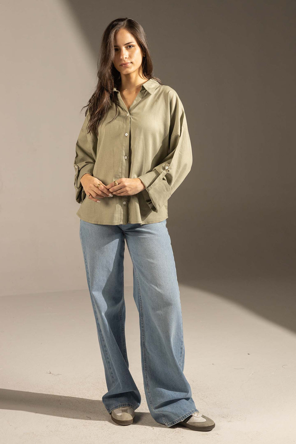 Olive Flared Sleeve Oversized Linen Shirt