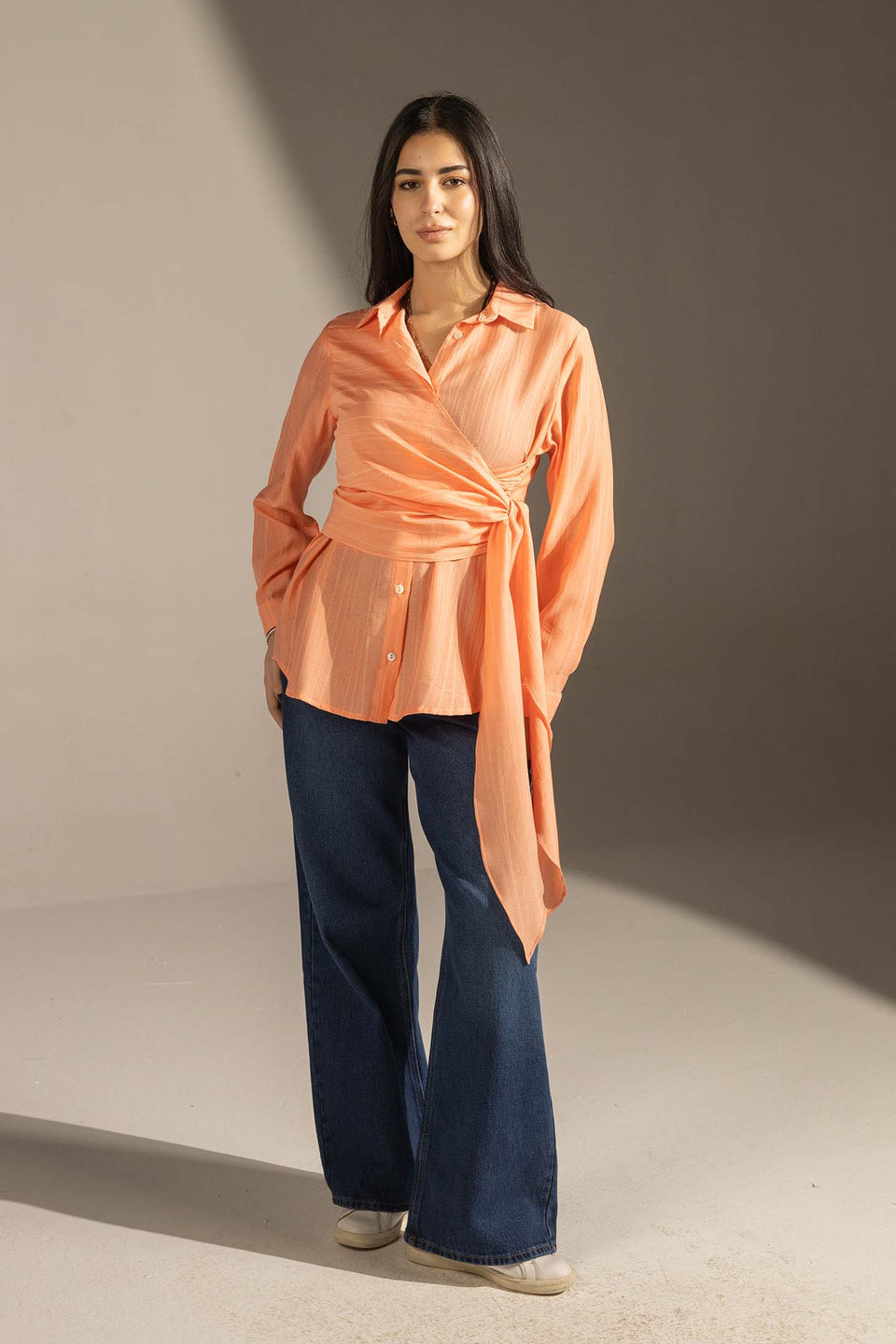 Orange Side Tie Wrap Button-Up Shirt