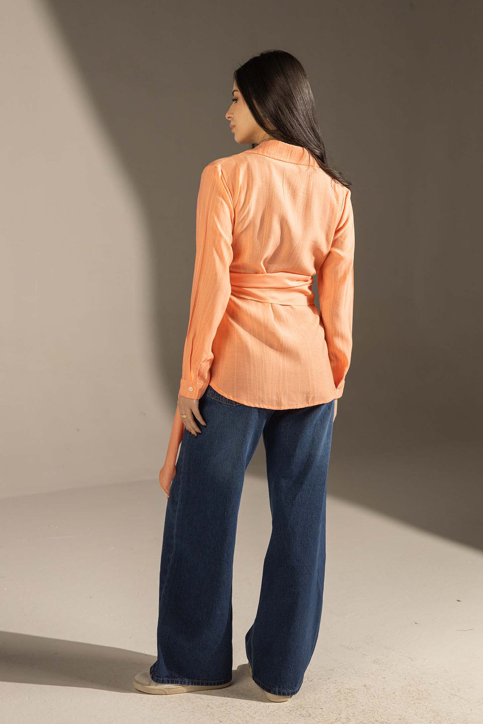 Orange Side Tie Wrap Button-Up Shirt