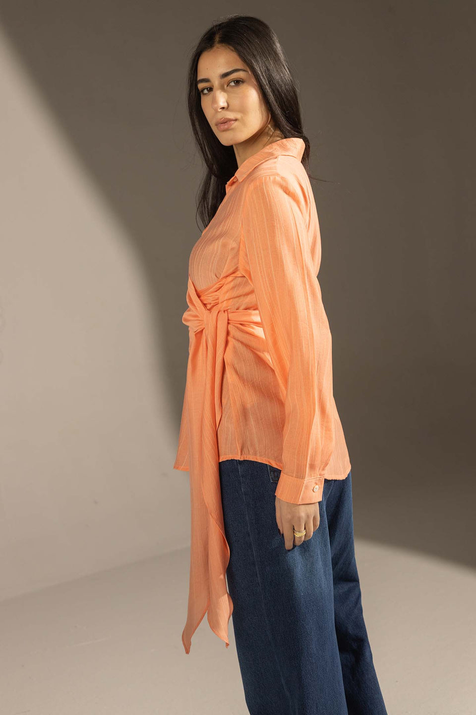 Orange Side Tie Wrap Button-Up Shirt