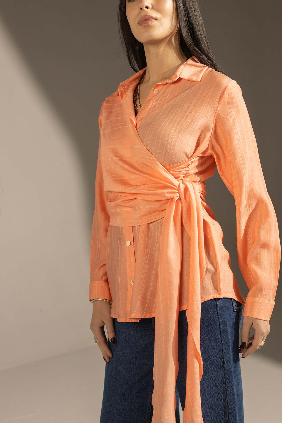 Orange Side Tie Wrap Button-Up Shirt
