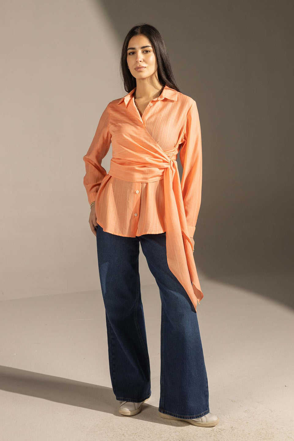 Orange Side Tie Wrap Button-Up Shirt