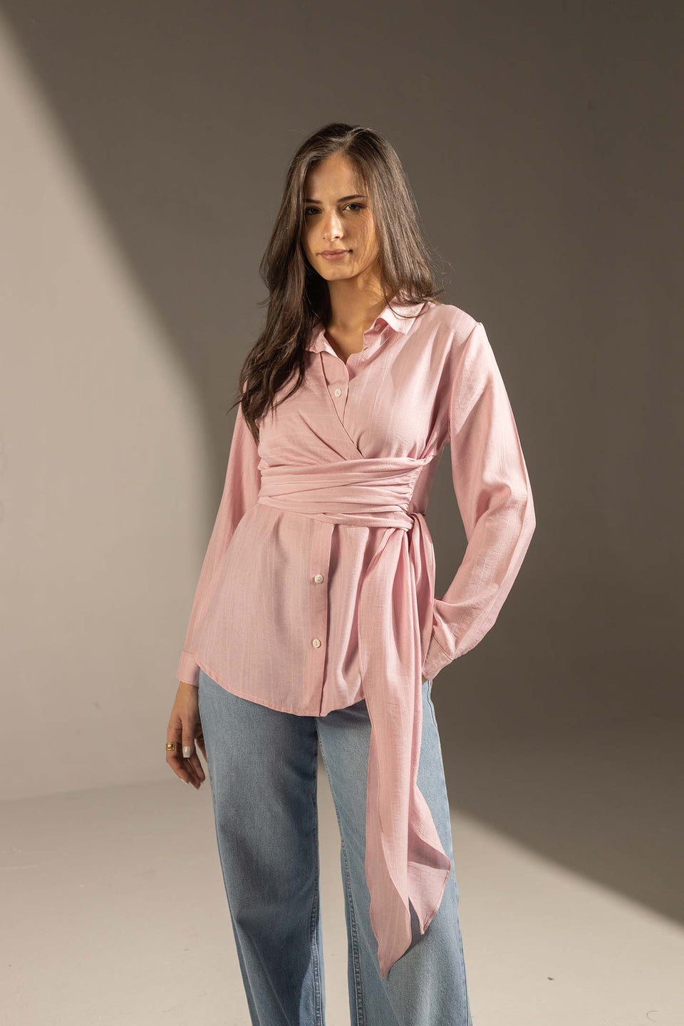 Rose Side Tie Wrap Button-Up Shirt