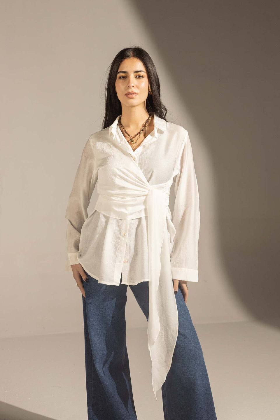 White Side Tie Wrap Button-Up Shirt