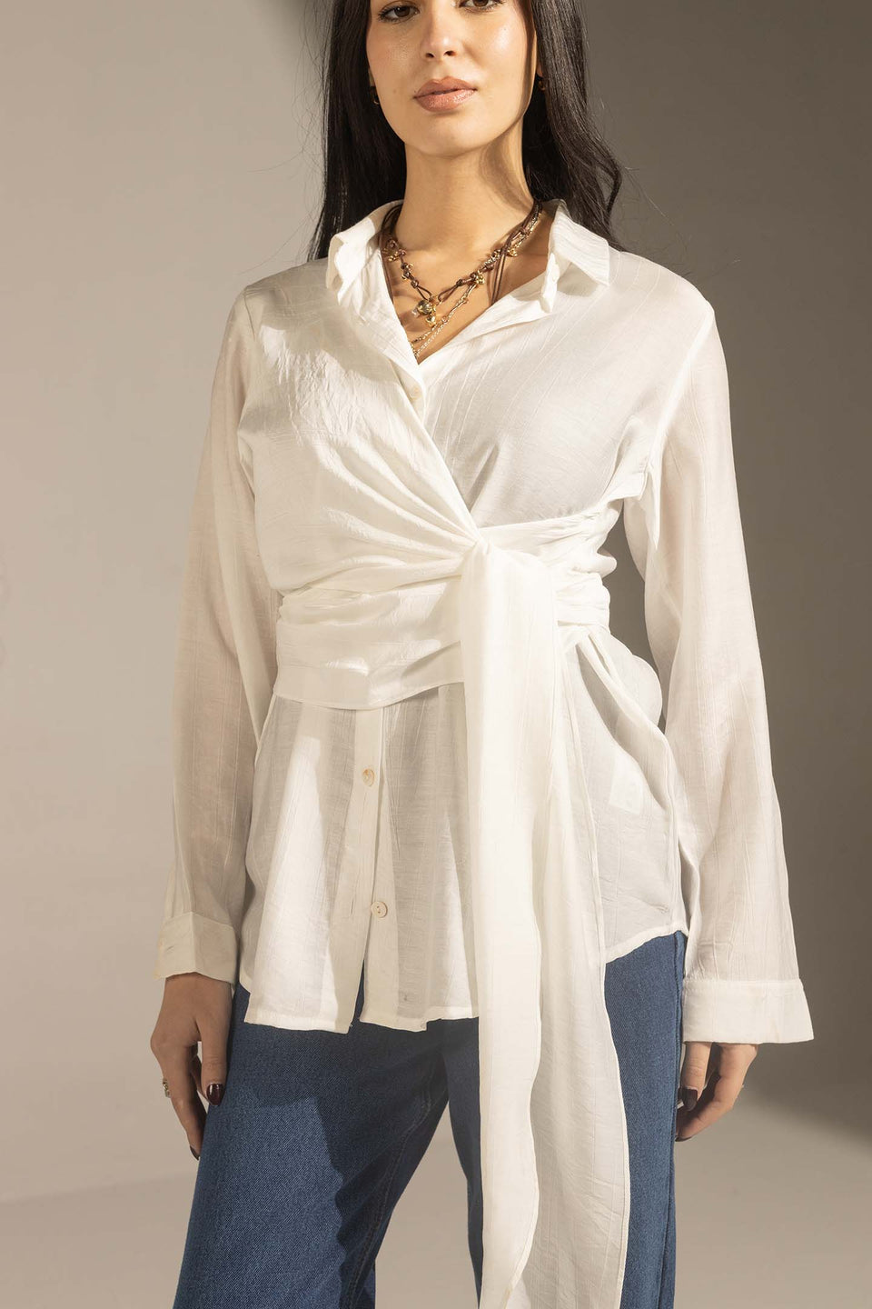 White Side Tie Wrap Button-Up Shirt