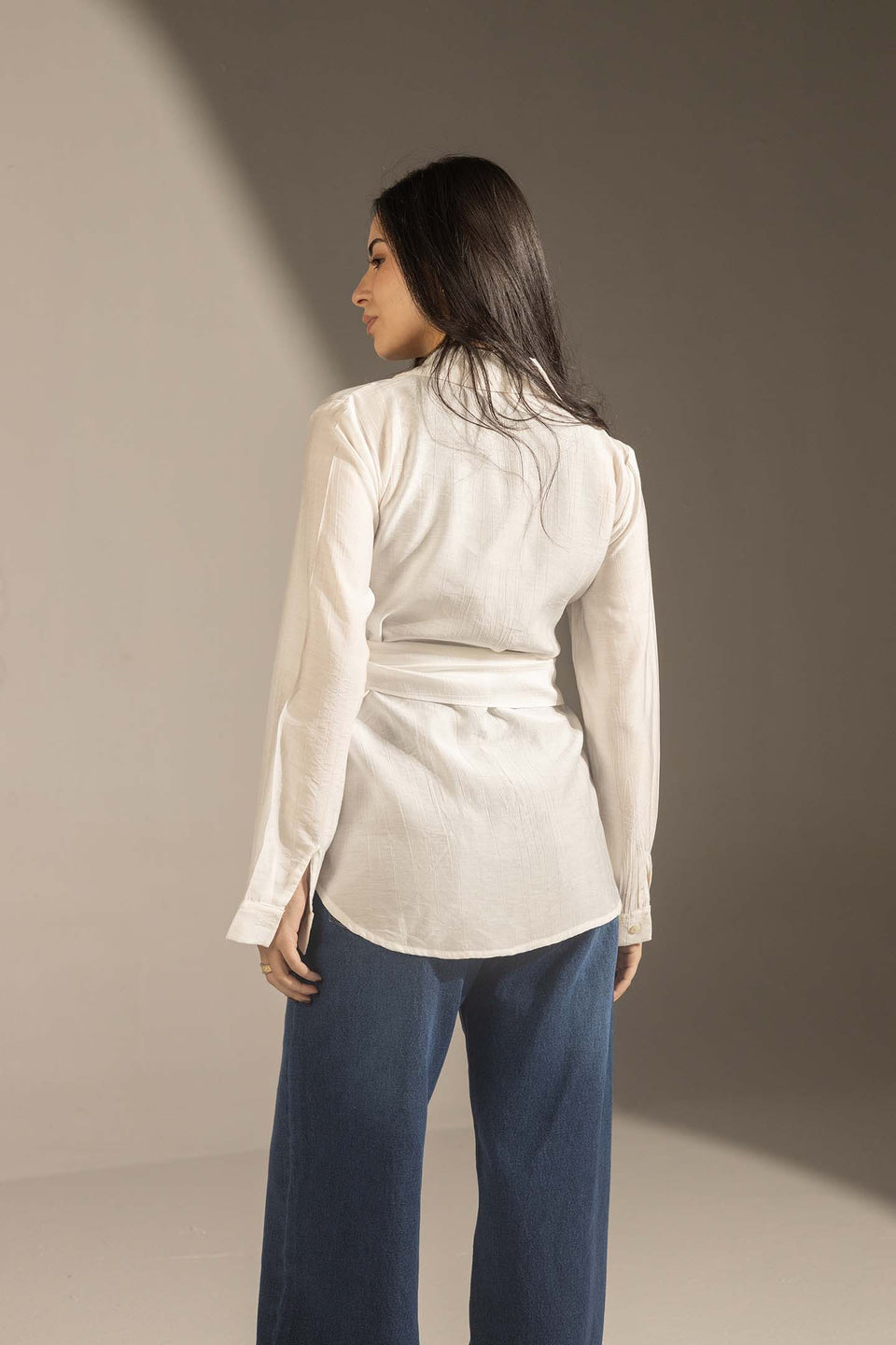 White Side Tie Wrap Button-Up Shirt