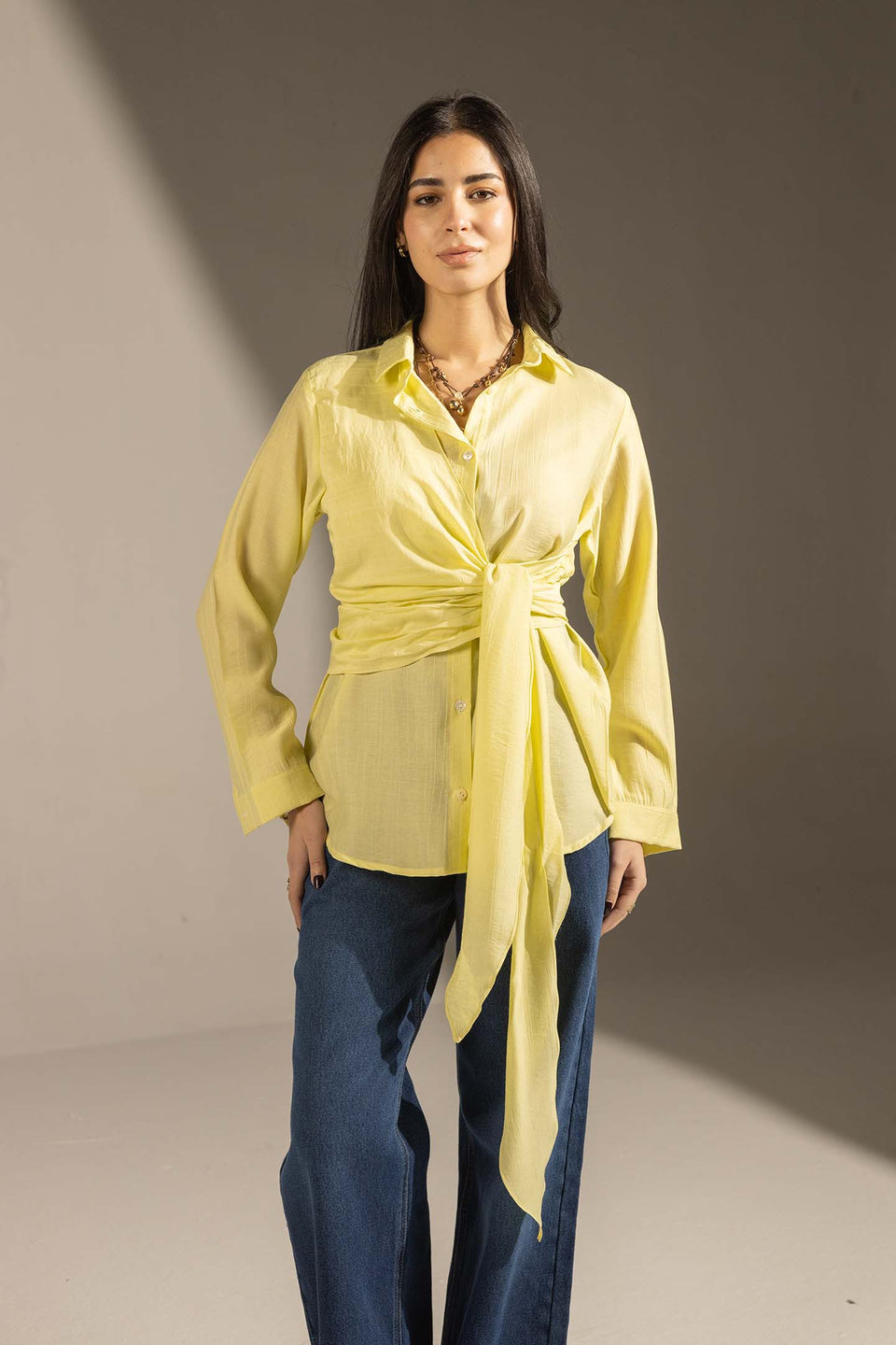 Yellow Side Tie Wrap Button-Up Shirt