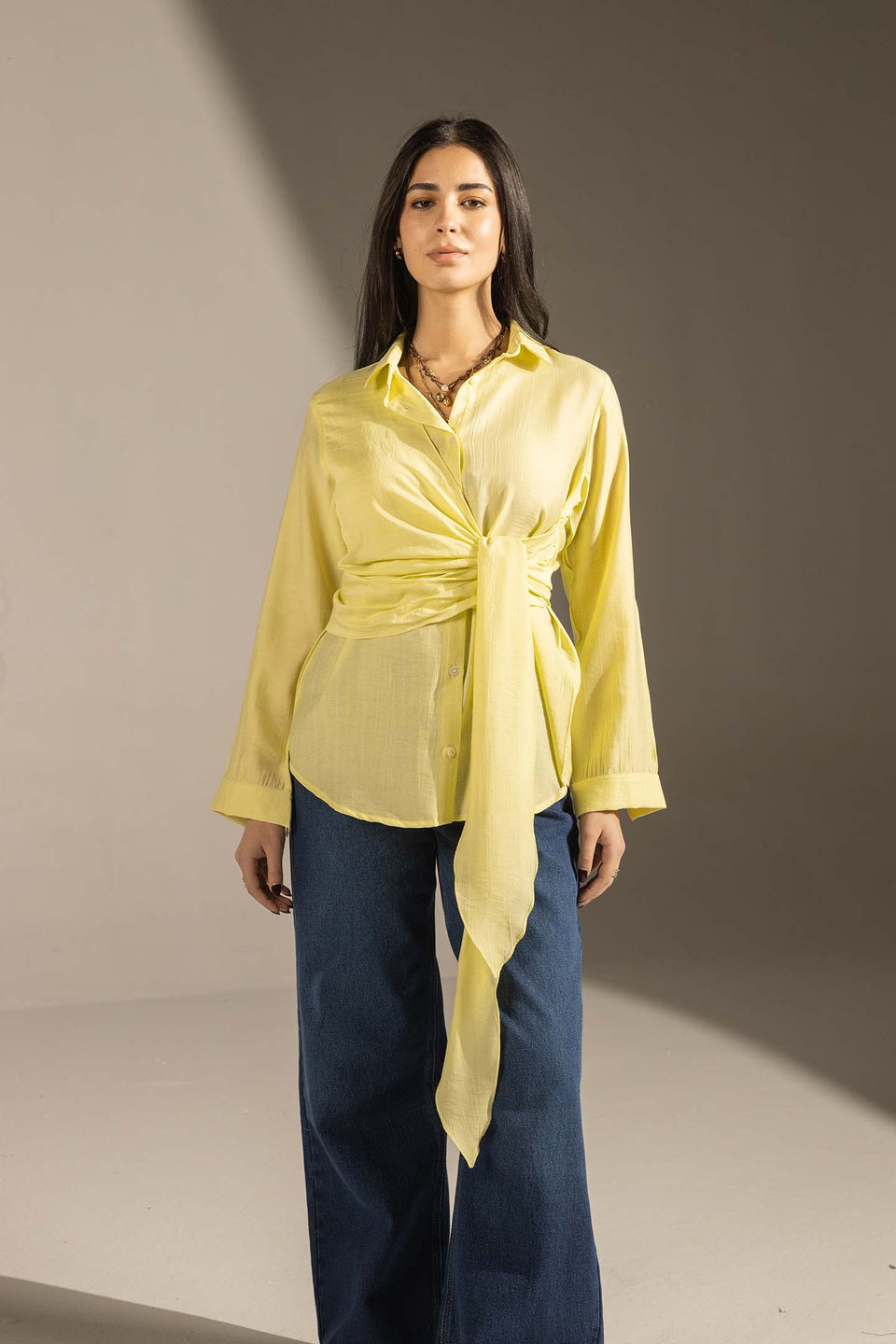 Yellow Side Tie Wrap Button-Up Shirt
