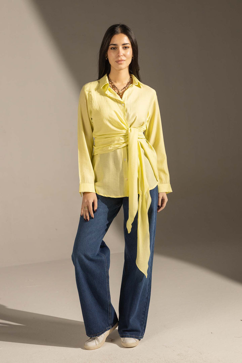 Yellow Side Tie Wrap Button-Up Shirt