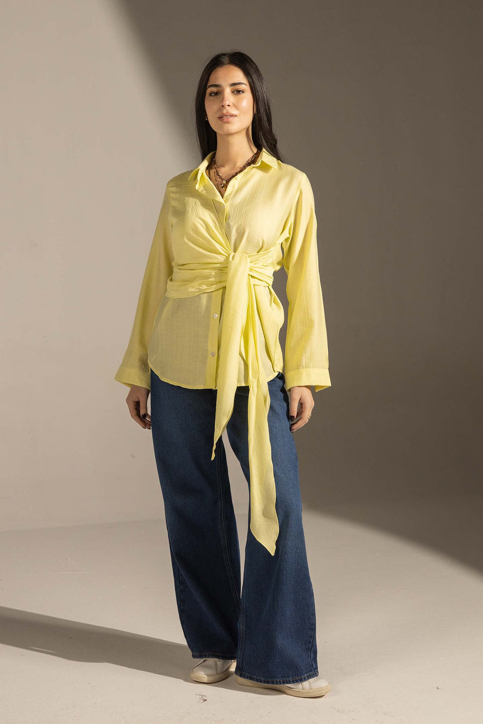 Yellow Side Tie Wrap Button-Up Shirt