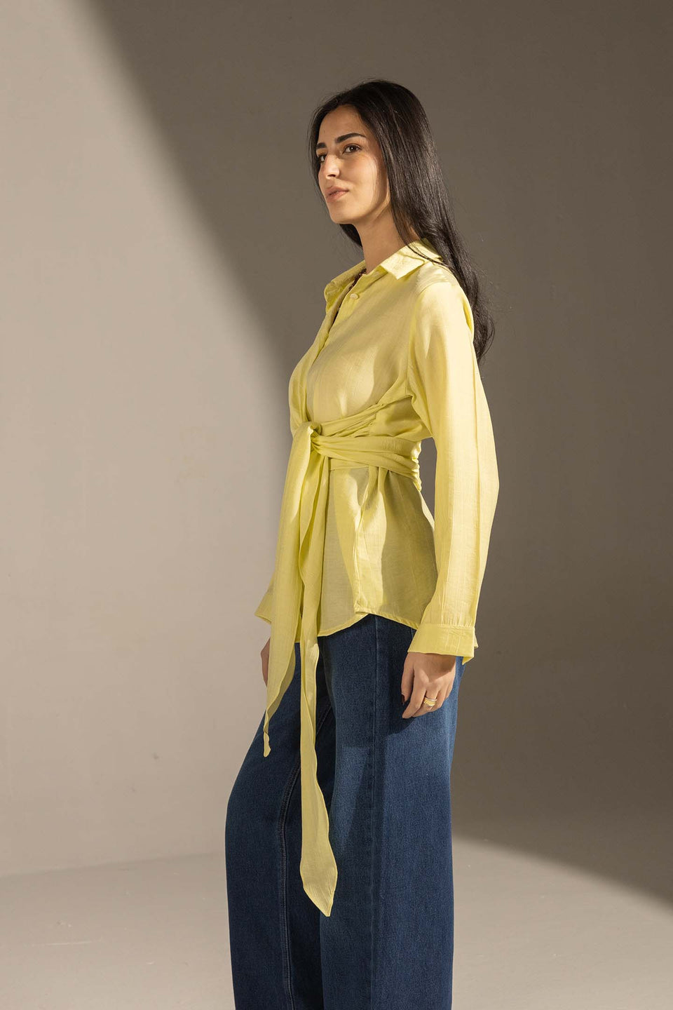 Yellow Side Tie Wrap Button-Up Shirt
