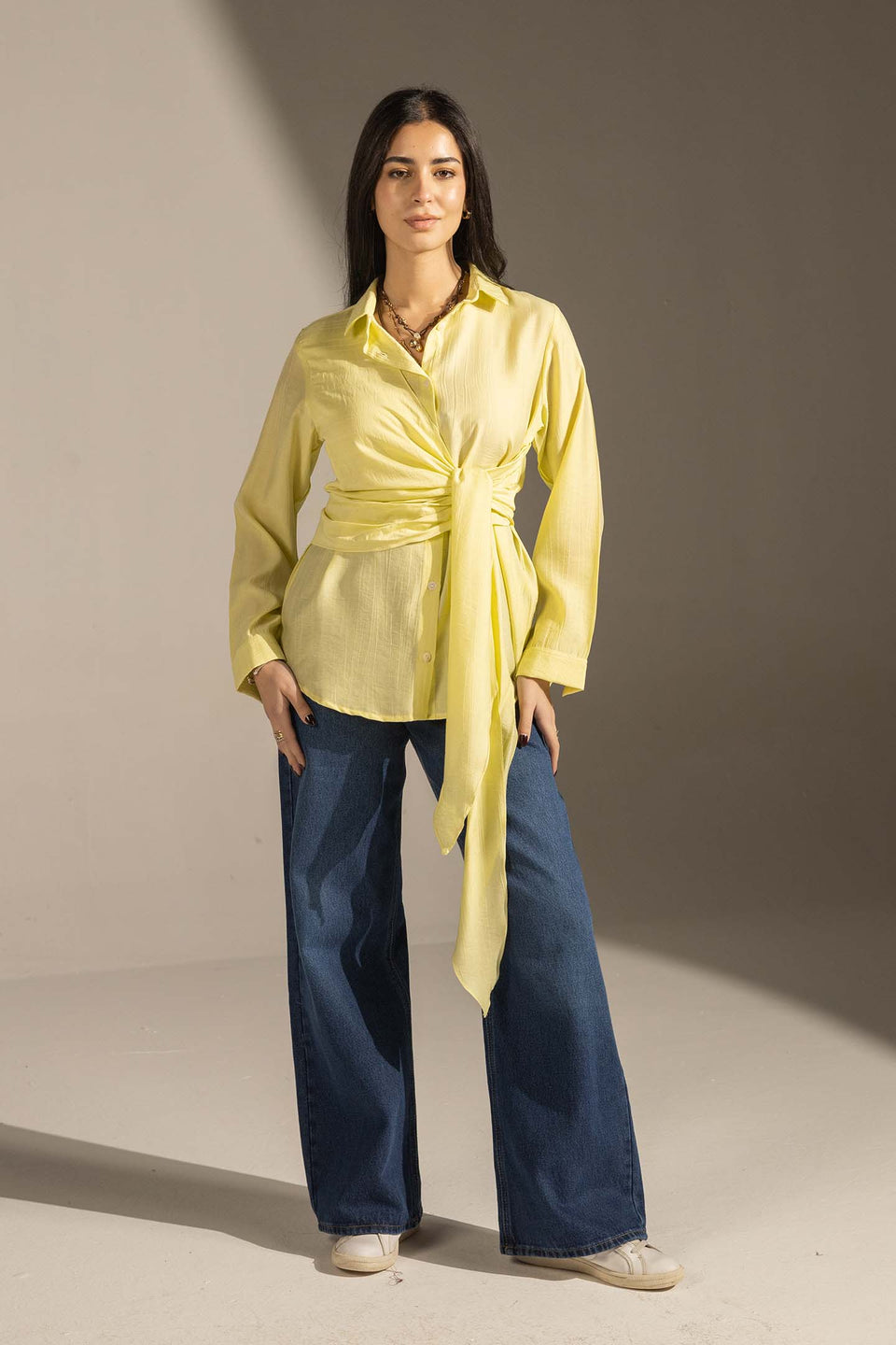 Yellow Side Tie Wrap Button-Up Shirt