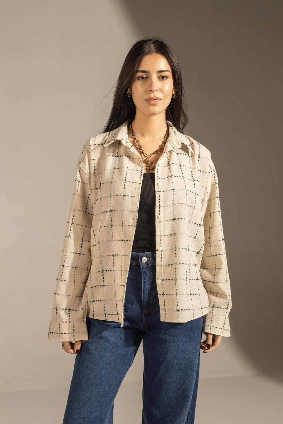 Beige Textured Grid Button-Up Shirt