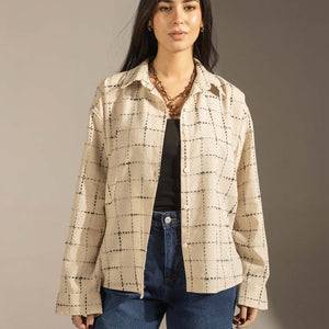 Beige Textured Grid Button-Up Shirt