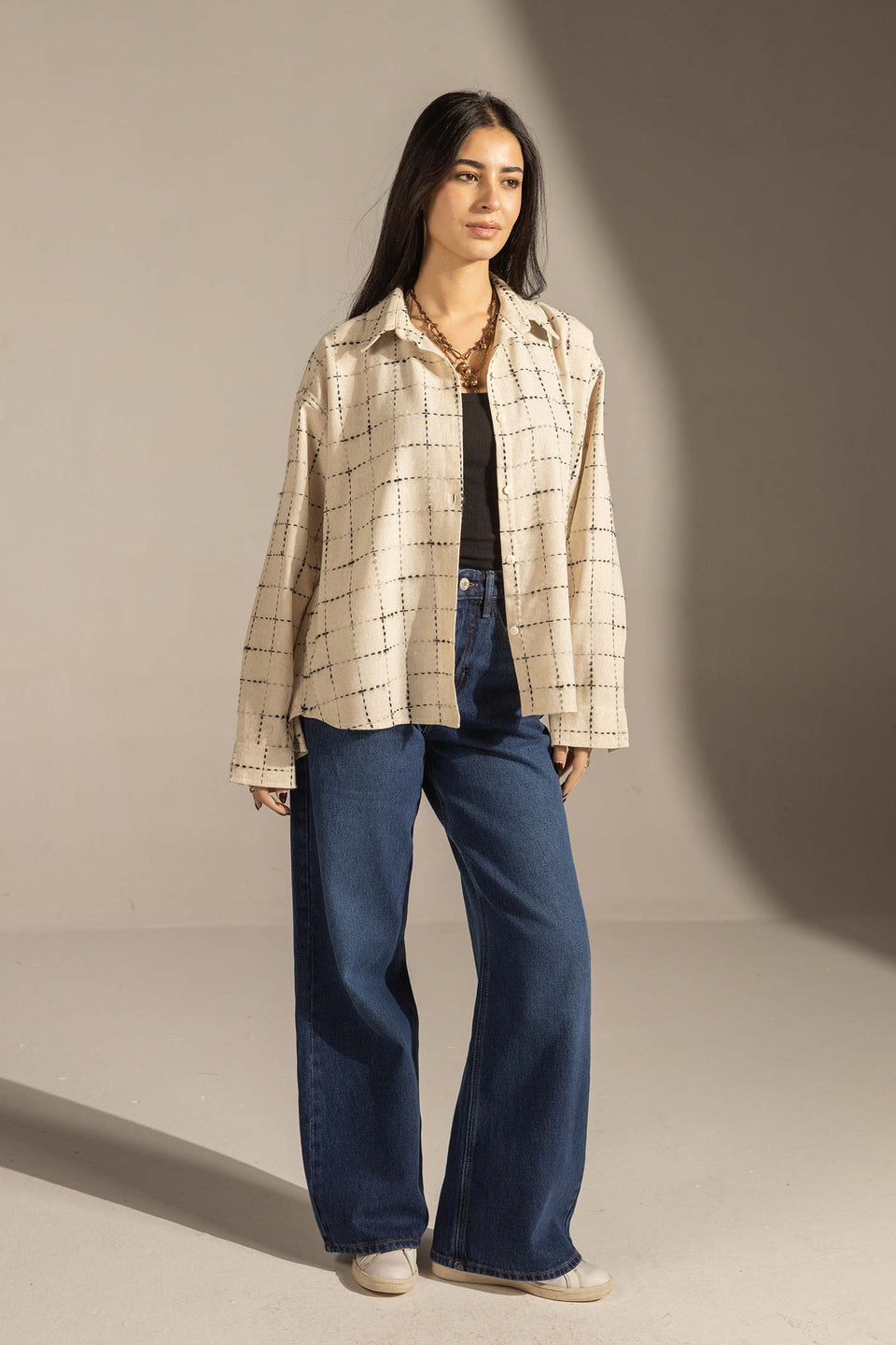 Beige Textured Grid Button-Up Shirt