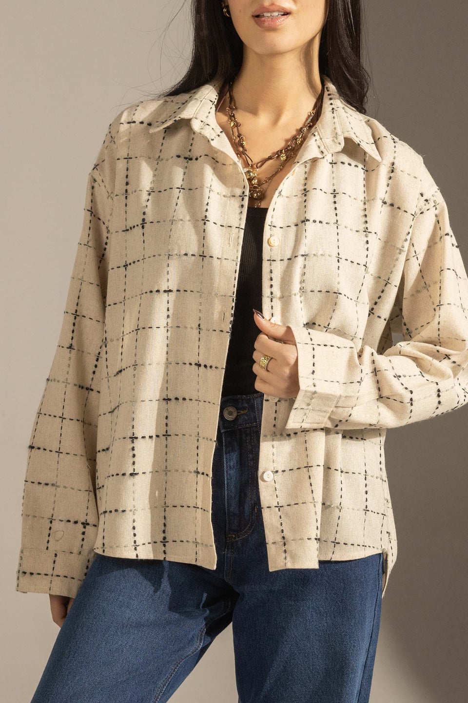 Beige Textured Grid Button-Up Shirt