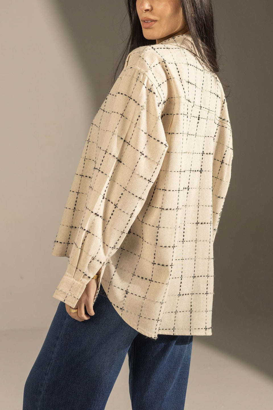 Beige Textured Grid Button-Up Shirt