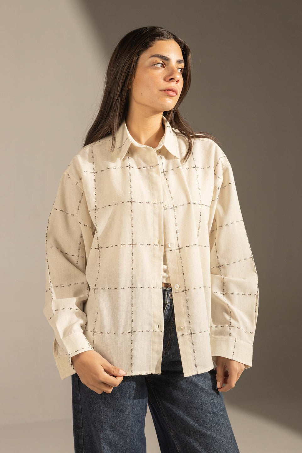 Off White Textured Grid Button-Up Shirt