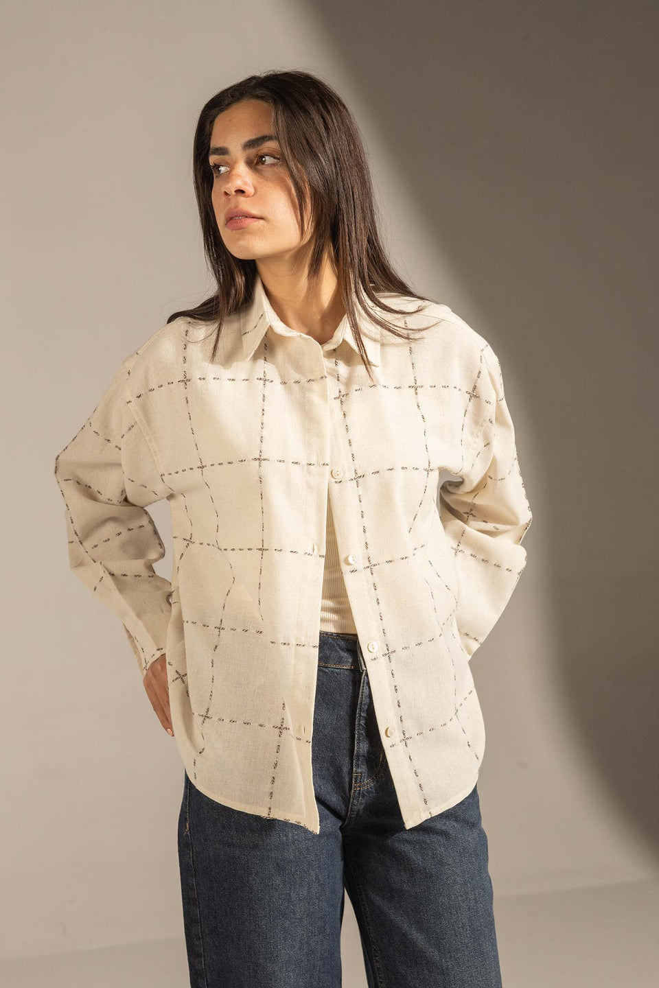 Off White Textured Grid Button-Up Shirt