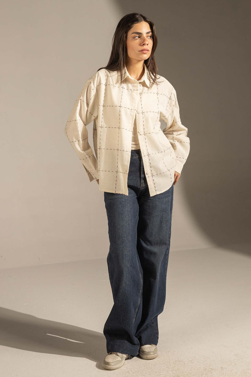 Off White Textured Grid Button-Up Shirt